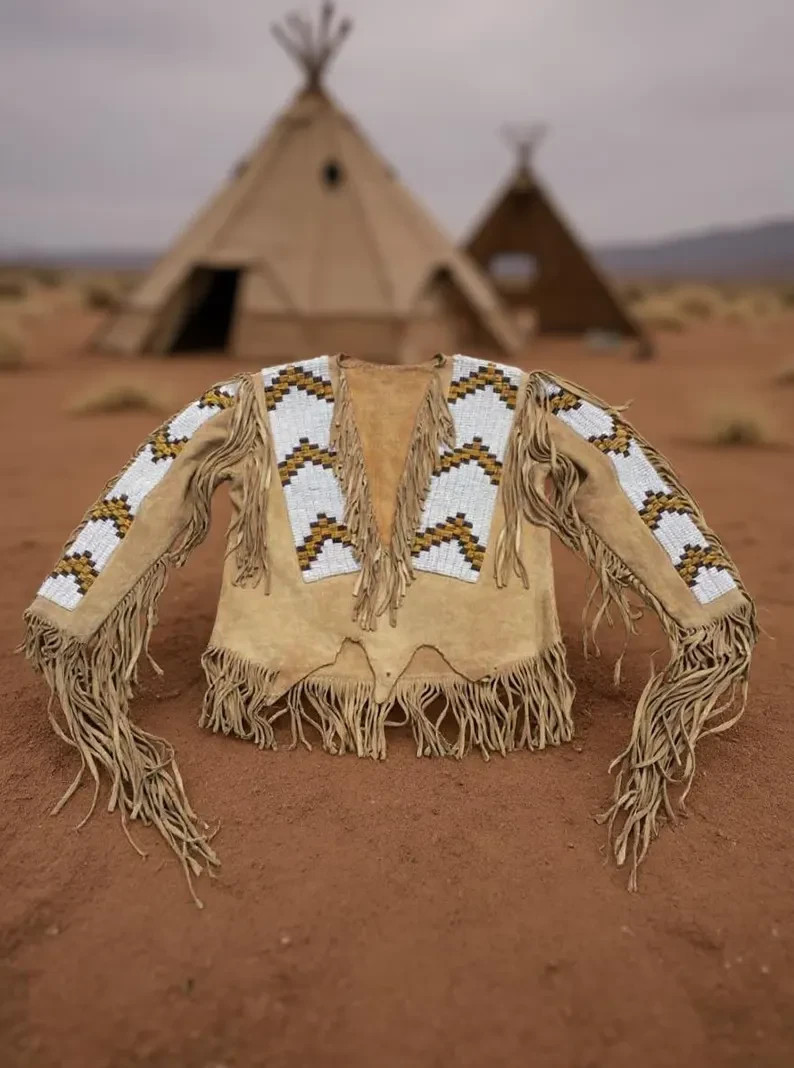 Handcrafted Native Style Suede Leather Shirt Beaded Accents & Twisted Fringe