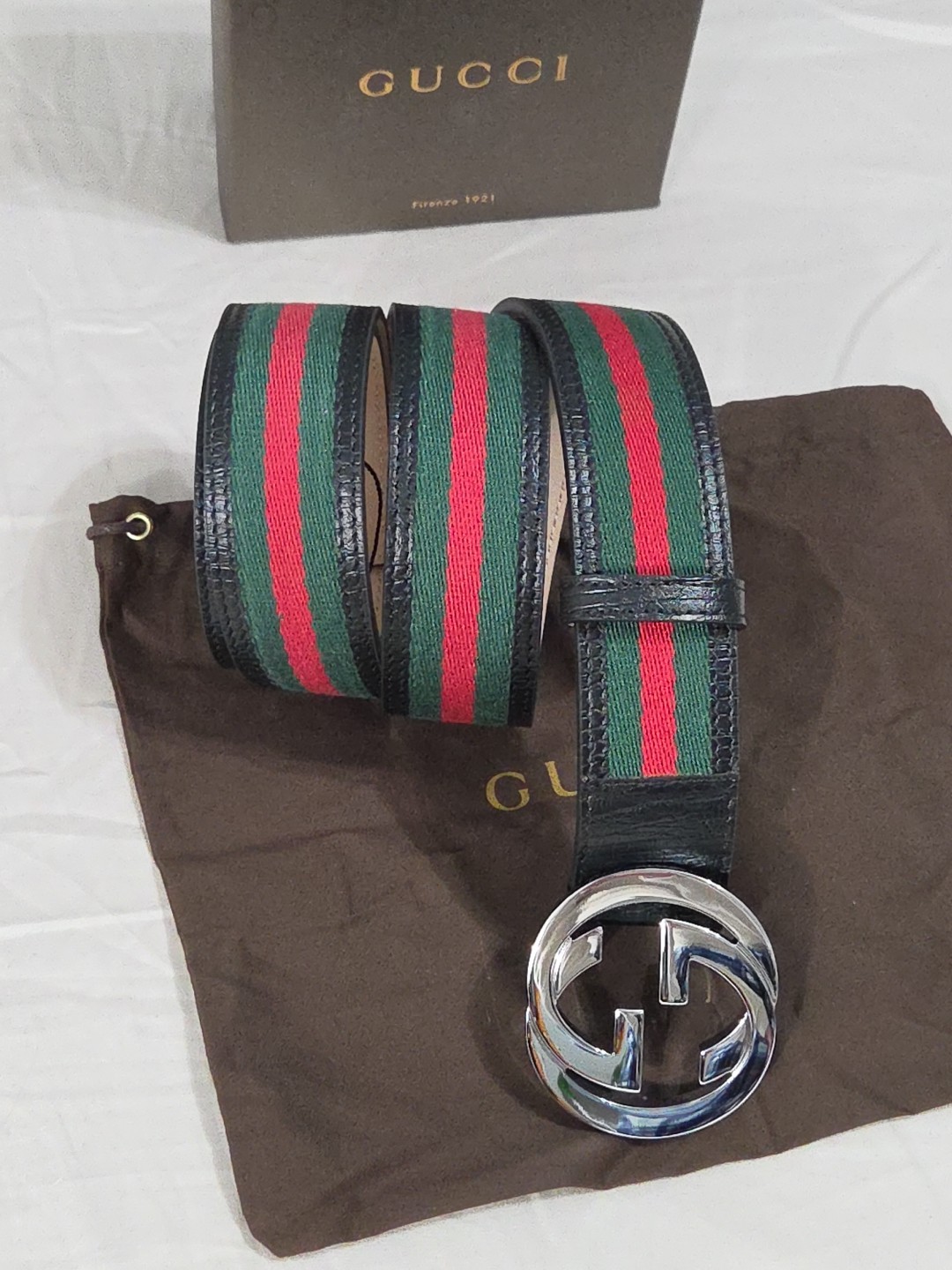 Gucci Black Green Red Striped Belt Size 38-40 IT 110CM Silver Buckle