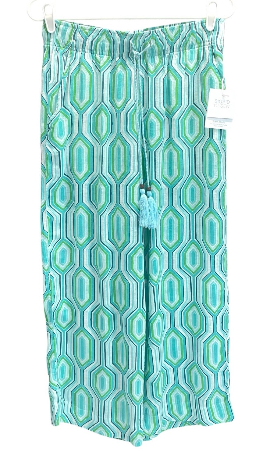 NEW Sigrid Olsen Linen Blend Coastal Beach Pants Womens M Blue Aqua Geometric
