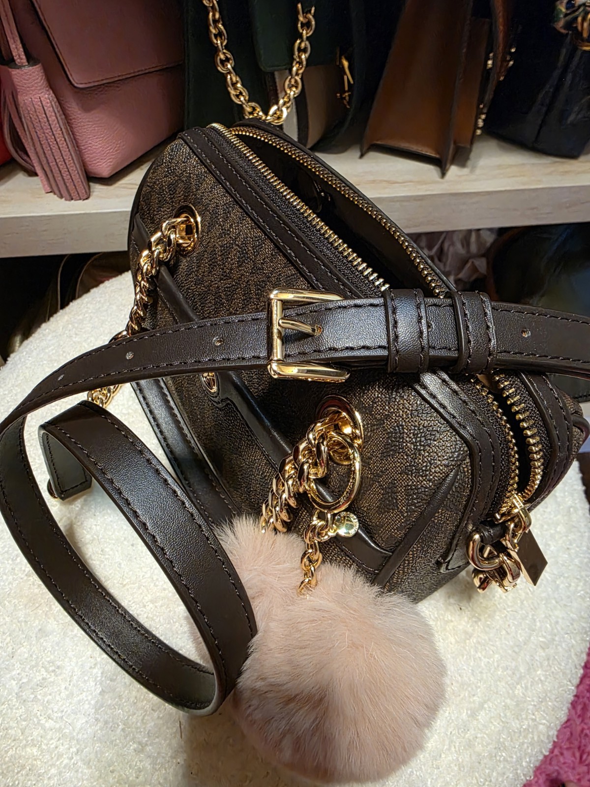 Michael Kors Blaire XS Duffle Crossbody Bag Brown Logo Zip Gold Chain + Charm