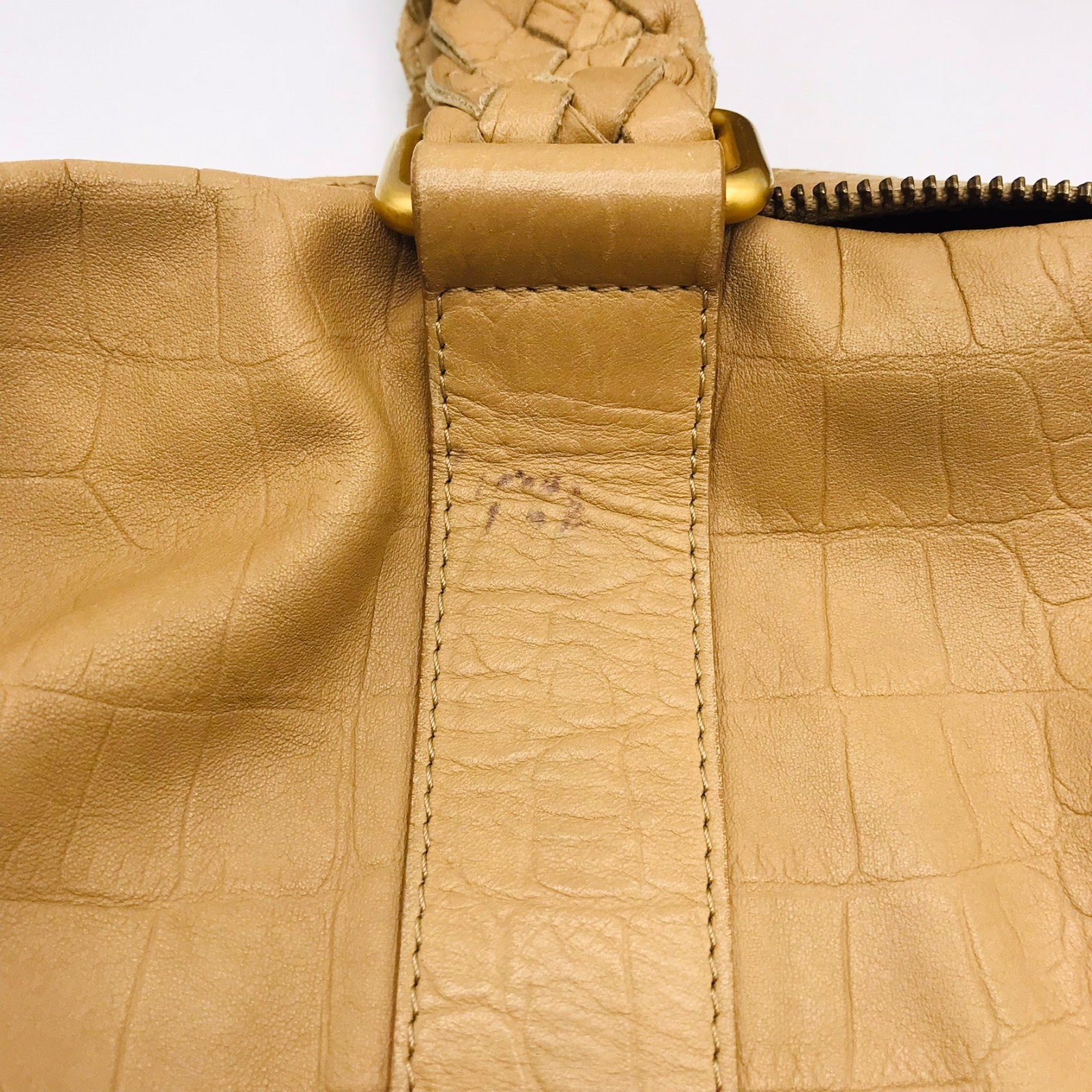 Falor Tan Leather Tote Bag Made In Italy with Woven Handles Embossed Snakeskin