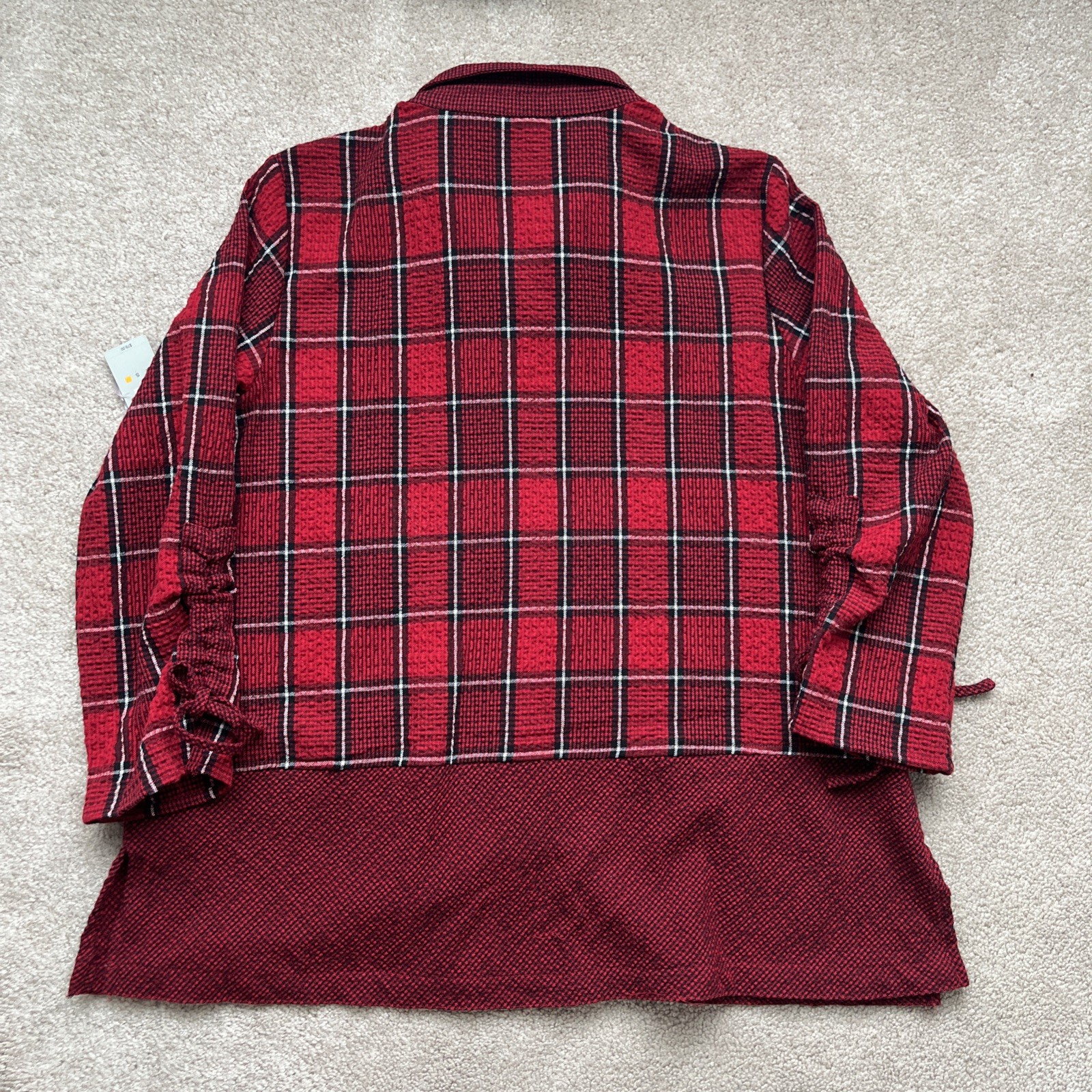 Ali Miles Tunic Top Small Plaid Wire Collar 3/4 Cinched Oversized Red Lagenlook