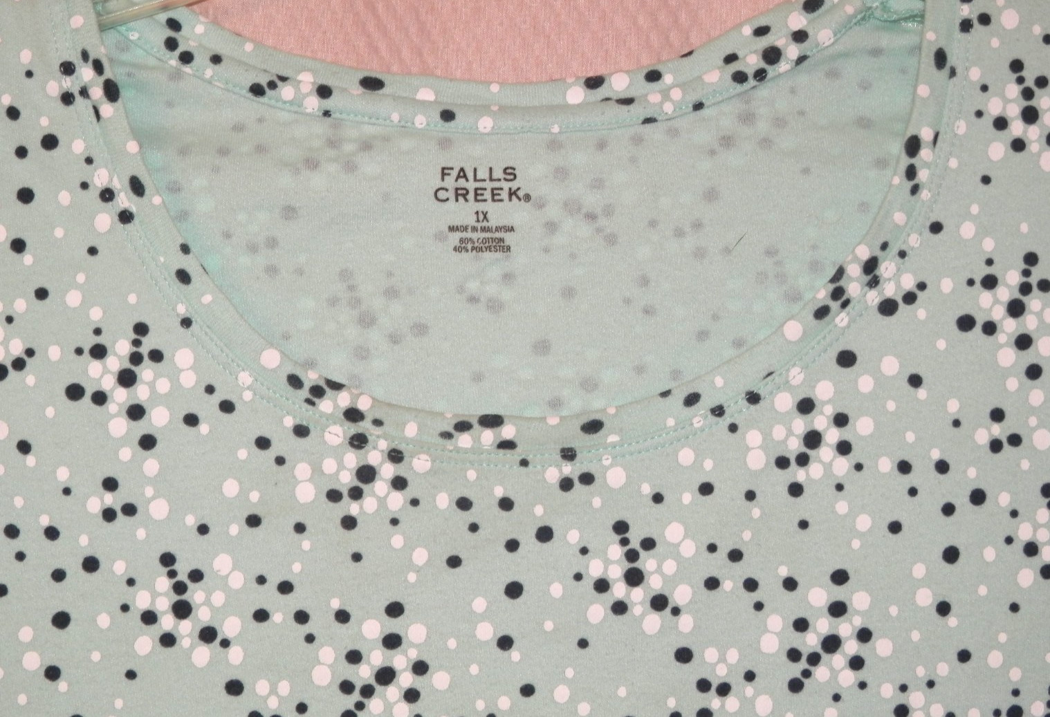 Falls Creek Short Sleeve Cotton/Poly Knit Top Sz 1X Soft Green/White/Black Dot