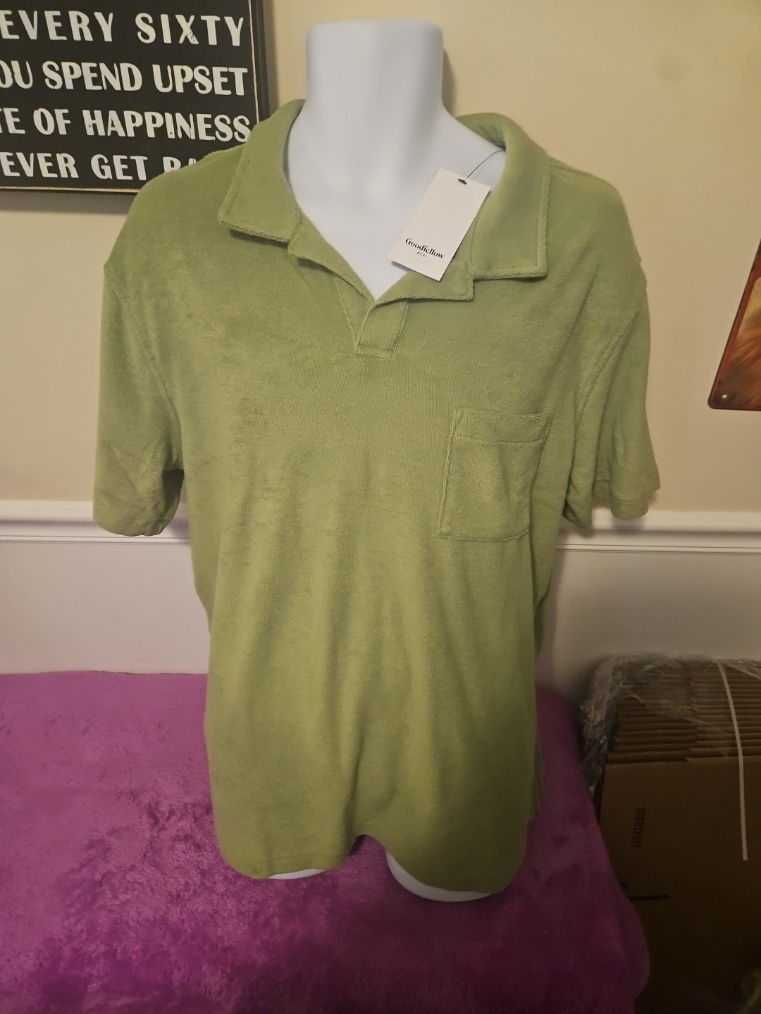 Nwt Goodfellow& Co Shortsleeve Vneck ,Collared , Size L Lime Green Terry Cloth