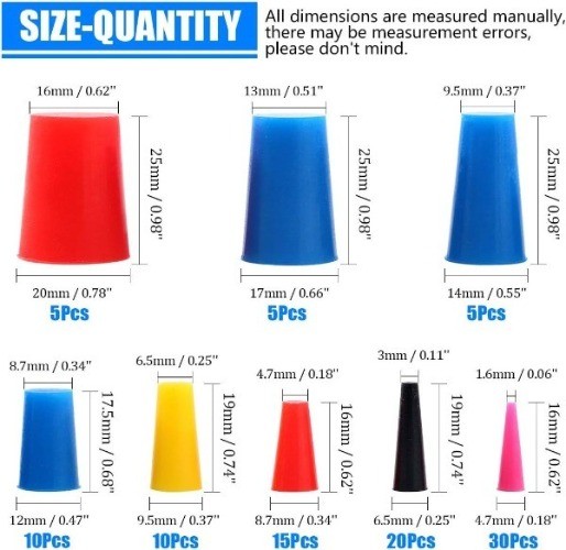 100Pcs Silicone Rubber Tapered Plug Assortment Kit for Masking Off Holes During