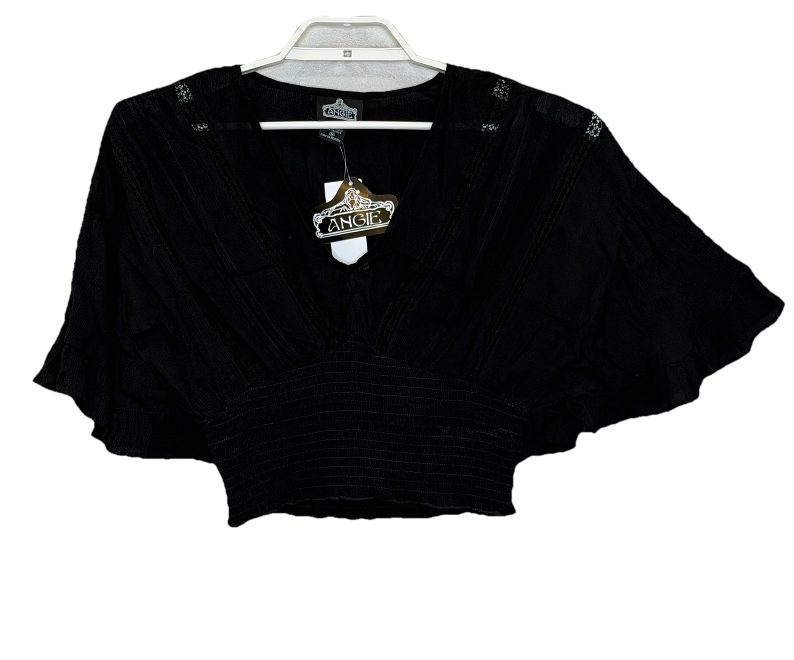 Angie Crop Top Size Medium Black V-Neck Short Flutter Sleeve Smocked Waist NEW