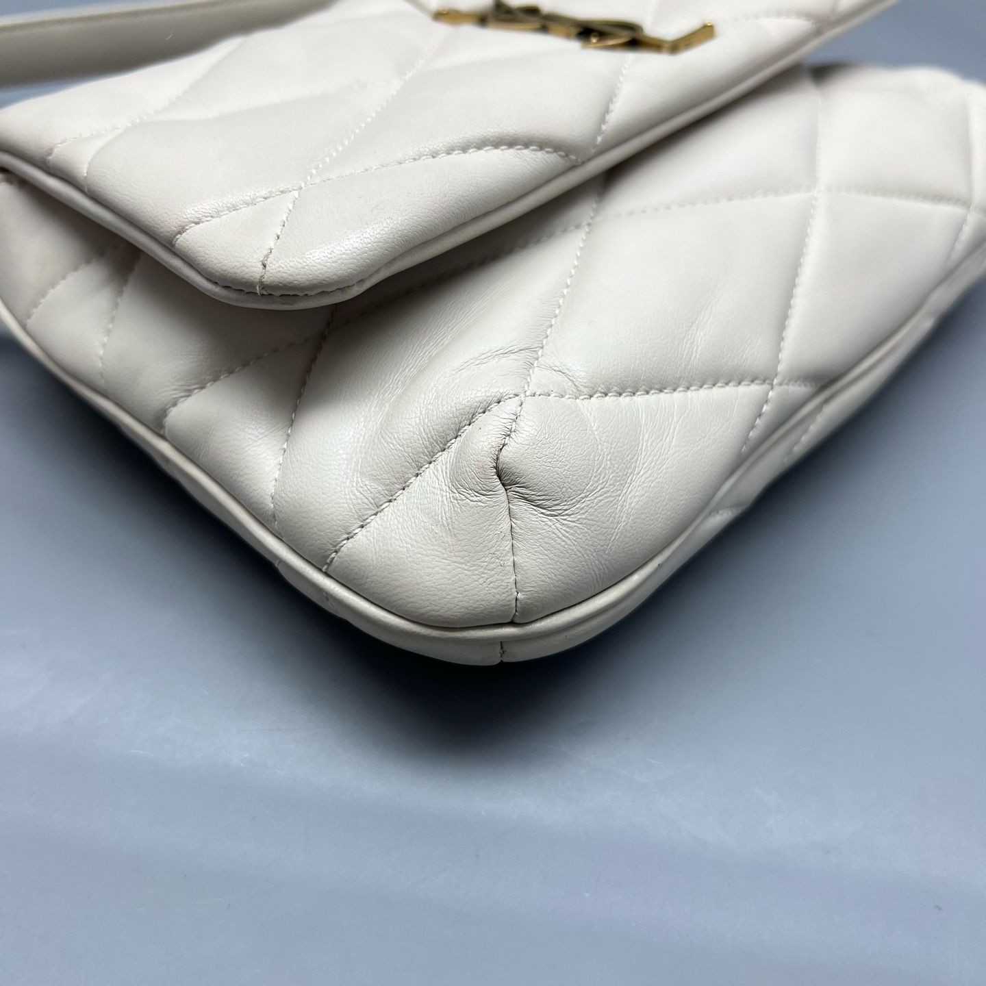 Saint Laurent Puffer Hobo Shoulder Bag White Leather GHW Adjustable Strap Auth