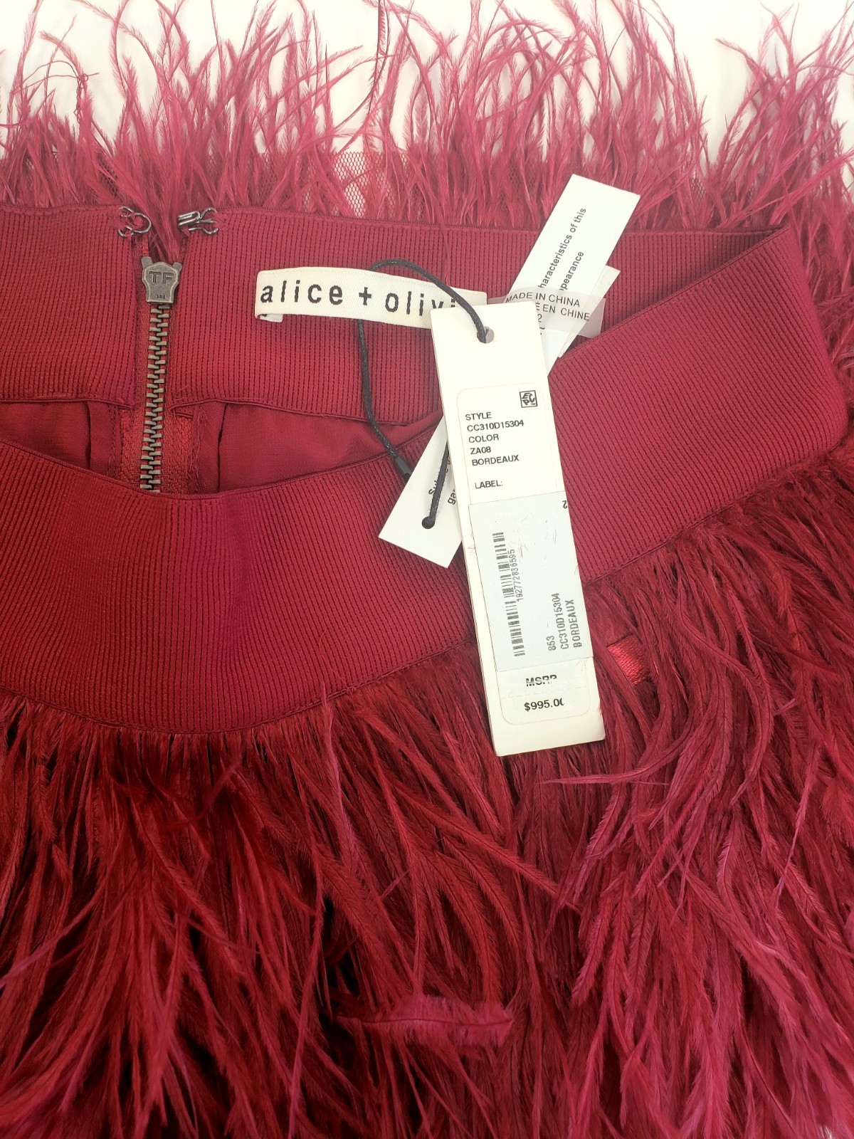 Alice + Olivia Cina Women’s Ostrich Feather High Waist Miniskirt Bordeux Size 2