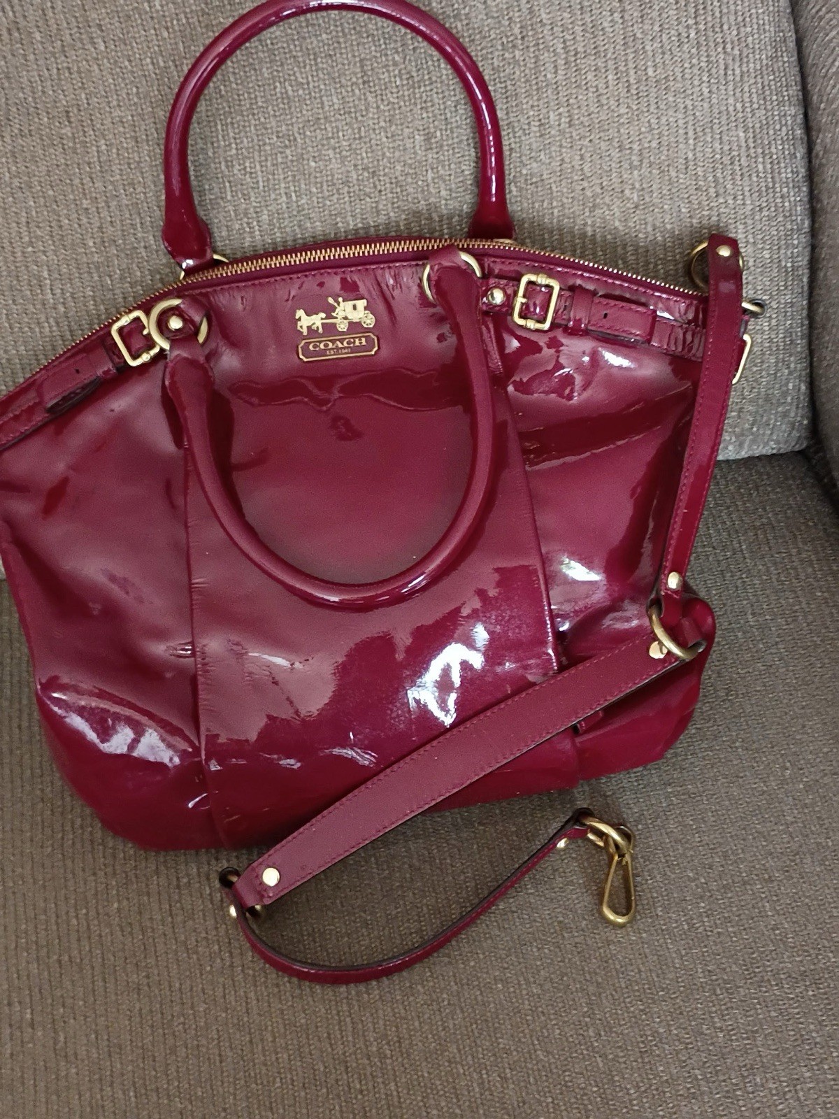 Coach Madison Lindsay Burgundy Satchel Top Handle Bag Detachable Crossbody Strap