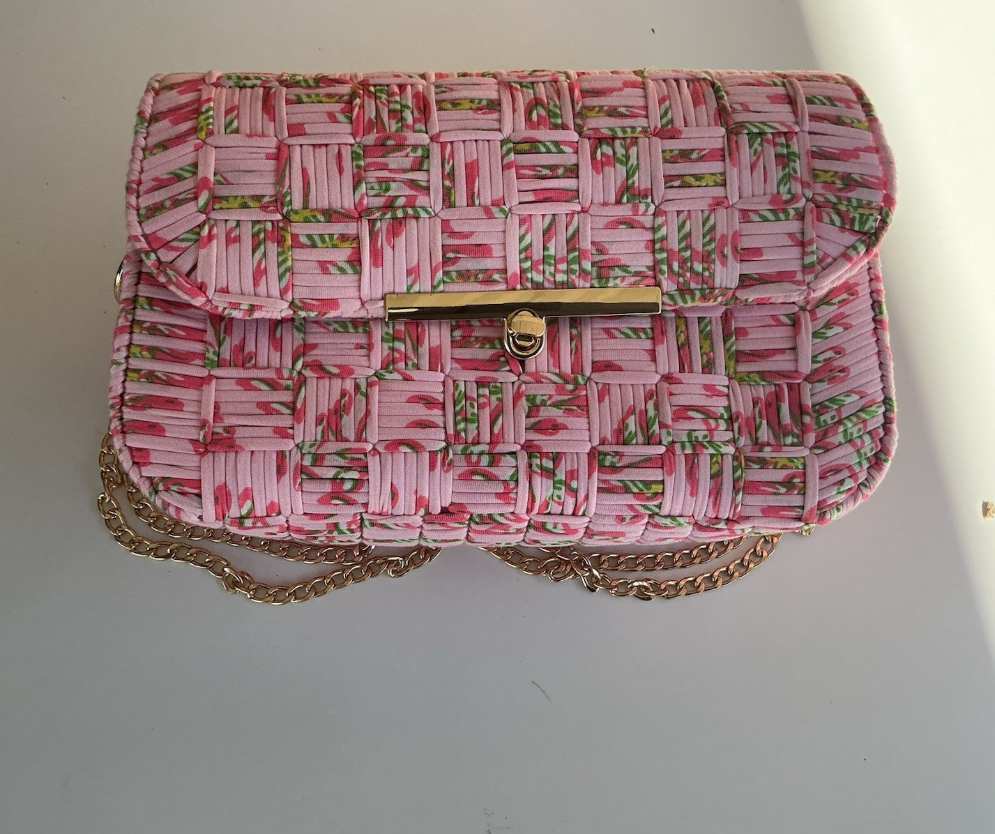 Pink Small Rectangle Shoulder Bag Turn Lock Gold Hardware Chain Strap Colorful