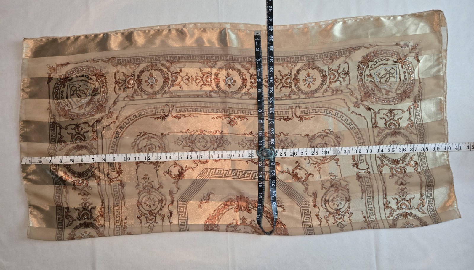 Vintage Scarf Gold Tan & Brown Design Striped Satin Roma Italy 40 X 40 Square