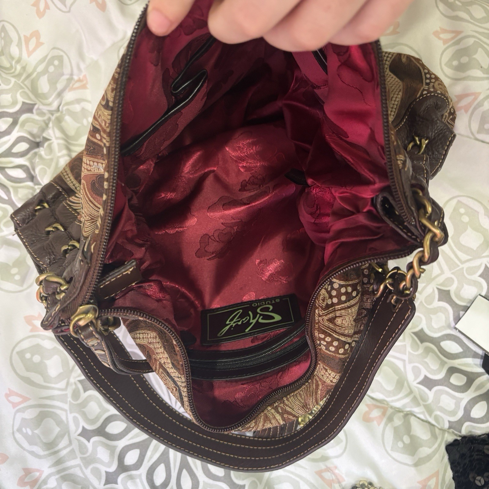 Sharif Paisley Shoulder Bag Zip Closure Gold Chain Strap Lined