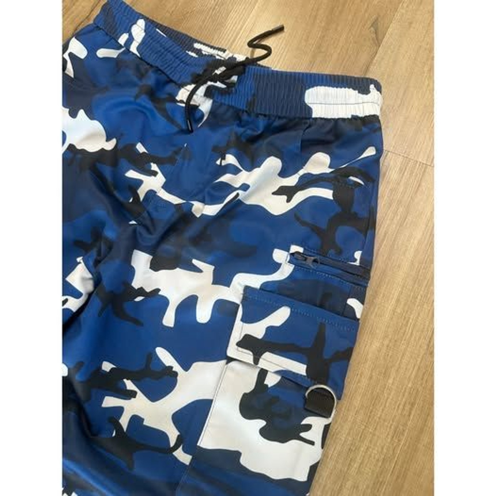 Mens Large L Blue Black White Camo Camouflage Cargo Barrel Leg Tapered Pants