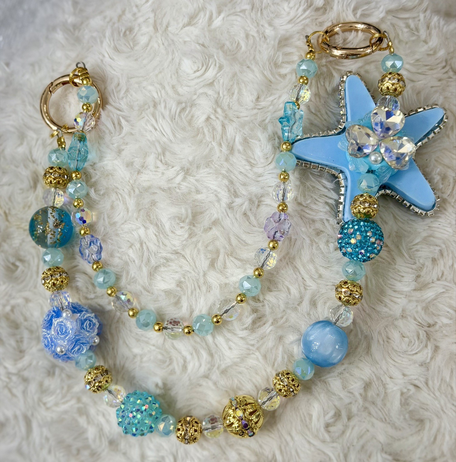 Crystal Light Blue and Gold Starfish Handbag and Keychain Charm