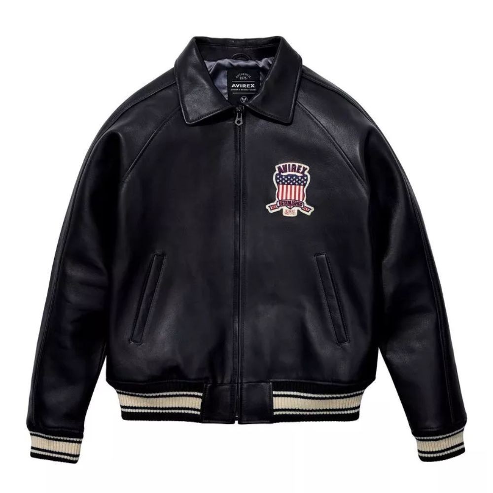 Men’s Avirex Leather Jacket Black Real Cowhide Leather Bomber American Flight