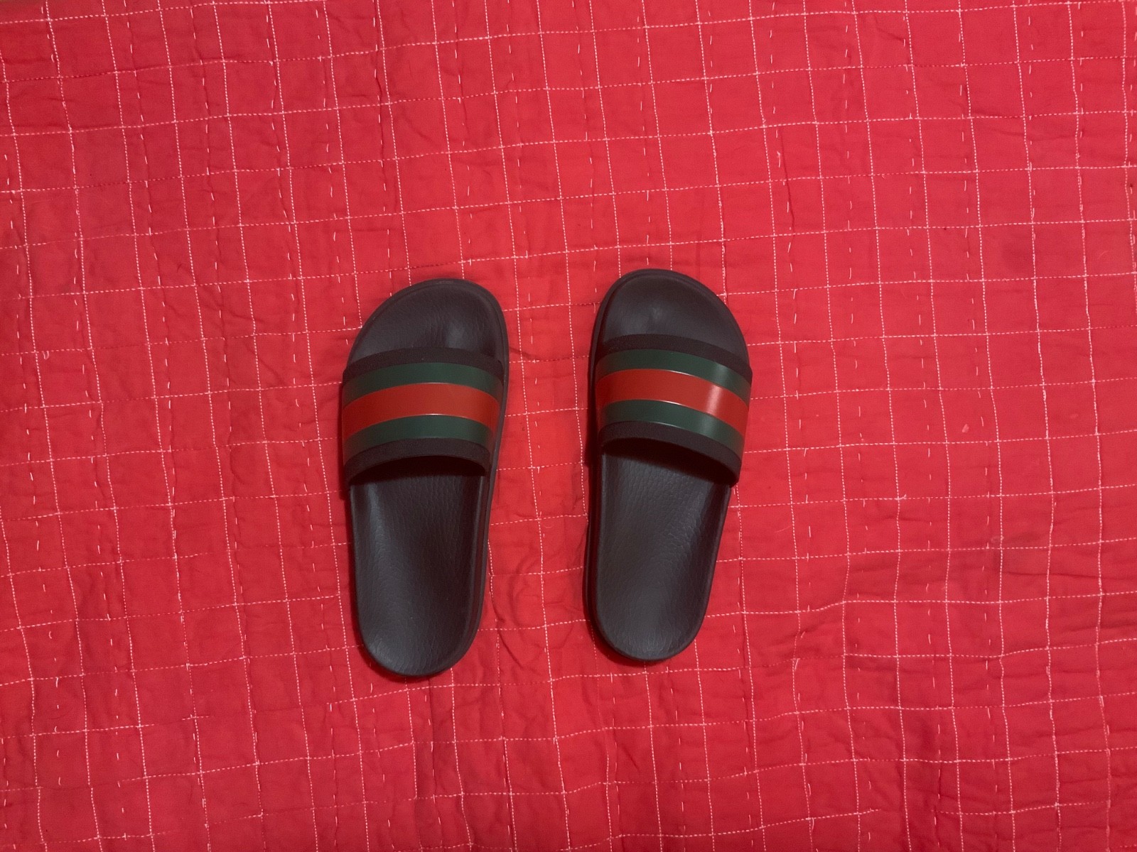 Gucci Signature Web Slide Sandals Black Red Green Leather Men’s Size 7/7.5