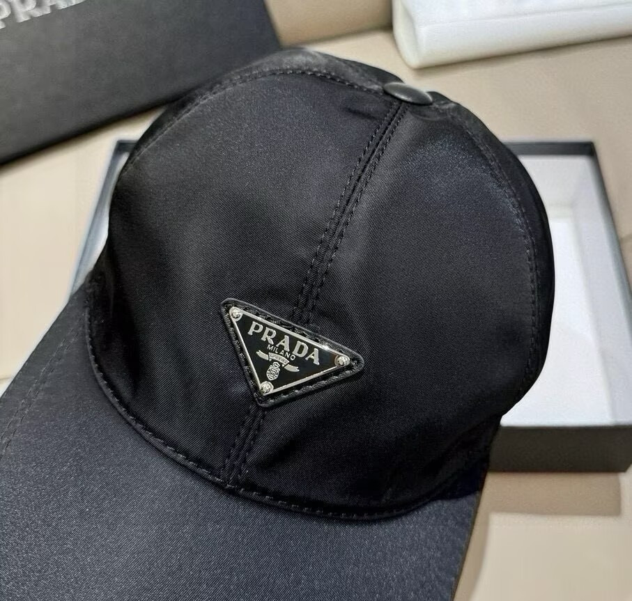 New Prada Triangle Logo Re-Nylon Black Baseball Cap Unisex Hat | Black