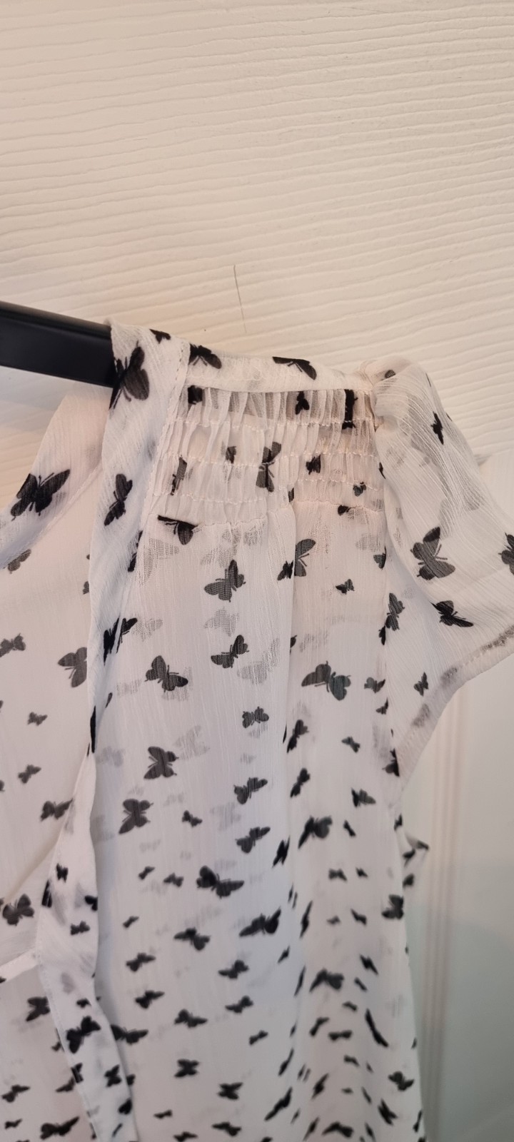 White Butterfly Print Sheer Scoop Neck Blouse with Back Tie Detailing