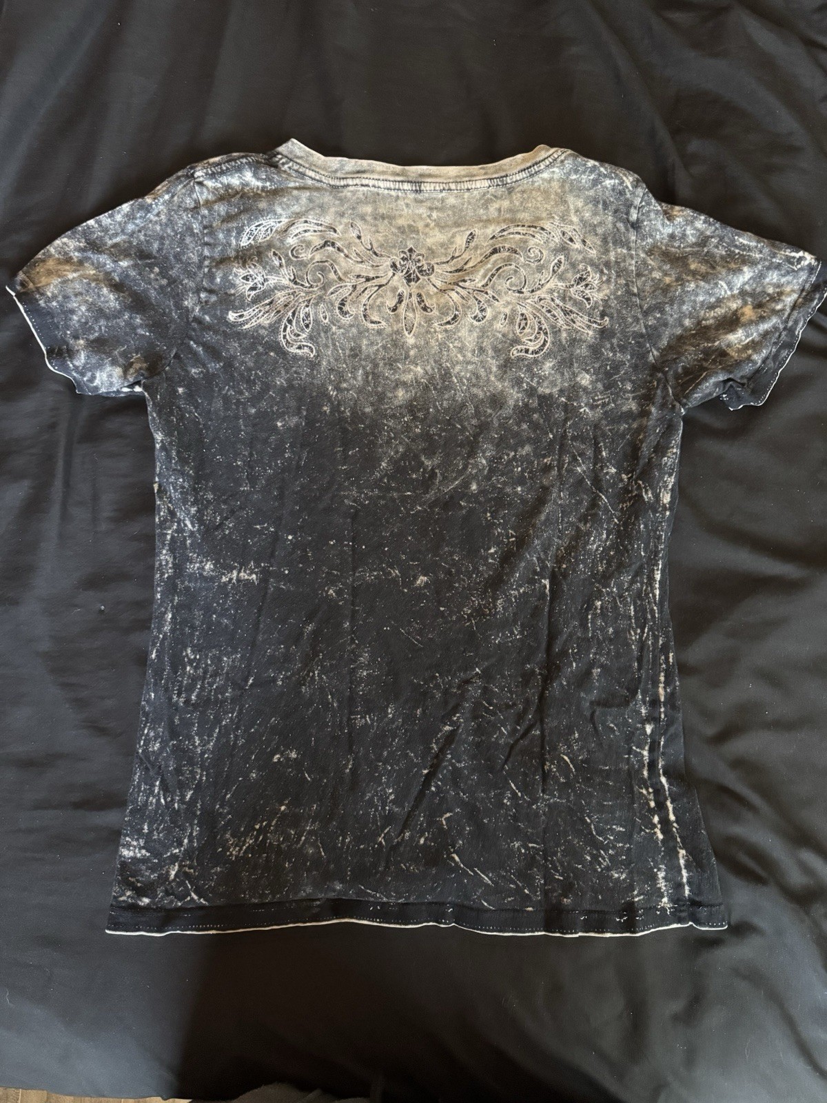 Affliction Men’s S Black/Gray V-Neck Short Sleeve Skull Graphic Tee Double-Sided