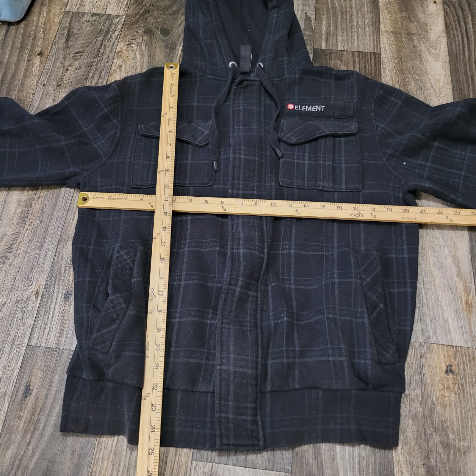 Element Skateboards Full Zip Hoodie Mens Small Plaid Gray Pockets Logo