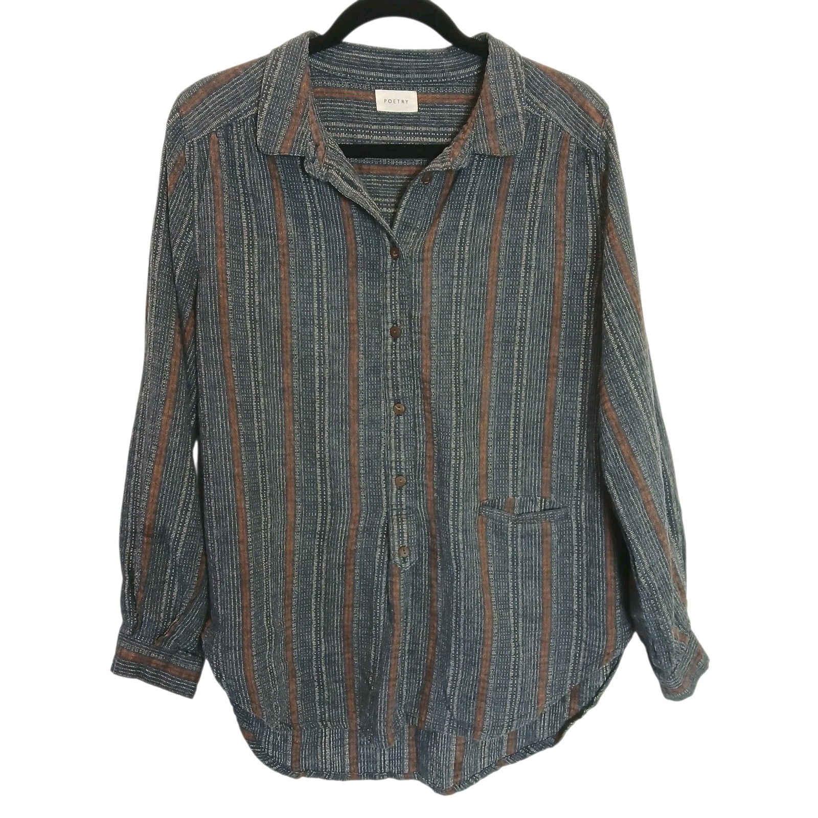 POETRY Shirt Size 8 Womens Hemp Organic Cotton Blend Blue Striped Button Down