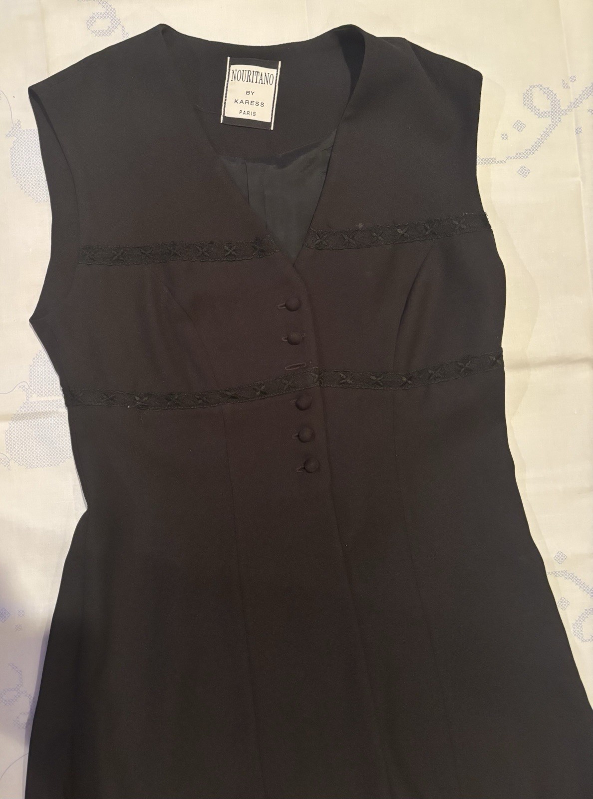 Nouritano By Karess Paris Sleeveless Black Button Up Tunic Lace Hem Vintage