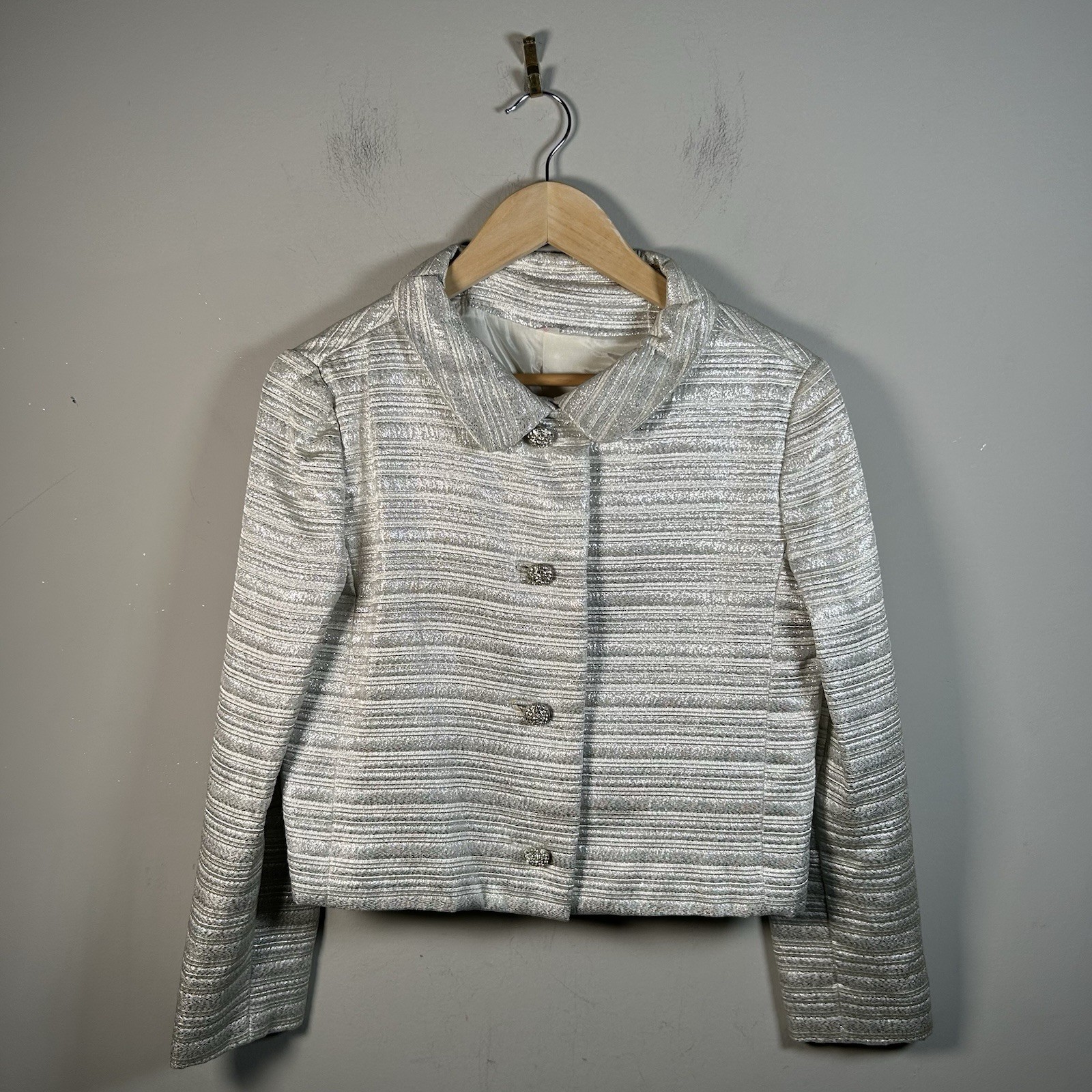 1960s Silver Metallic Stripe Rhinestone Button Dress Jacket Set Deadstock Sz M