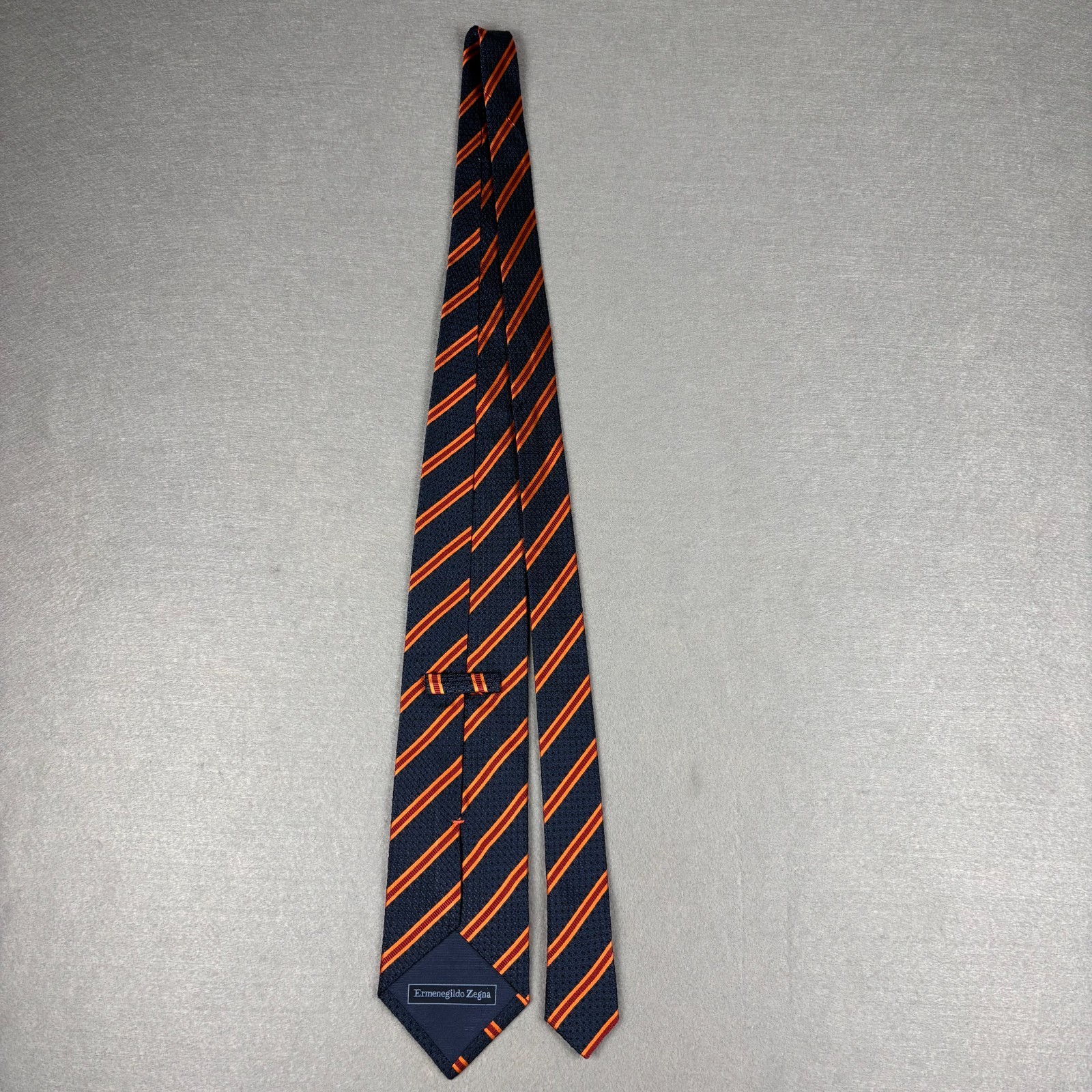 Ermenegildo Zegna Silk Tie Navy Blue Orange Burgundy Stripe Made in Italy 3.5″