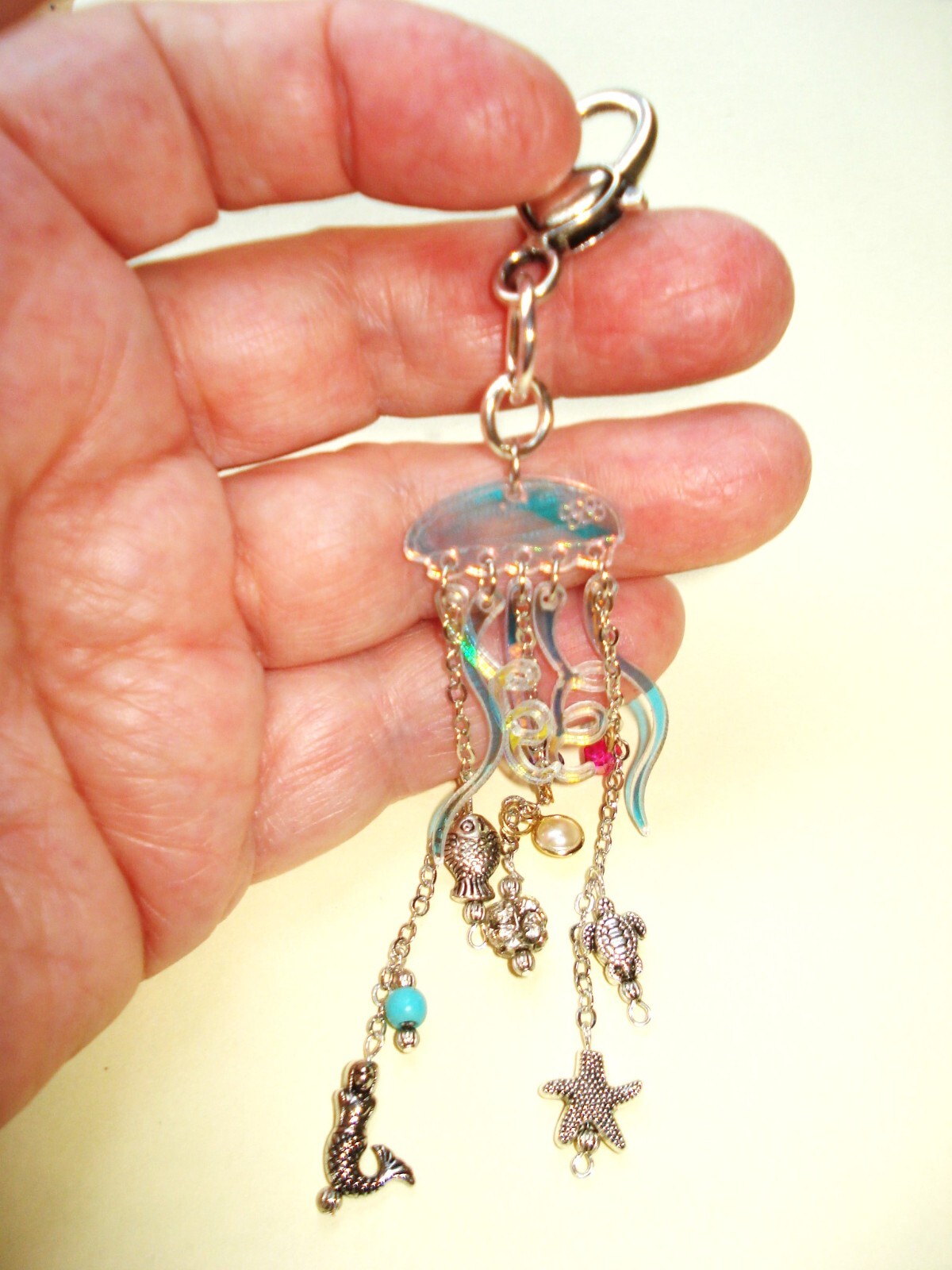 4 3/4″ Drop Plexie Jellyfish Oceanlife Purse Beach Bag Silver Heart Clasp Bling