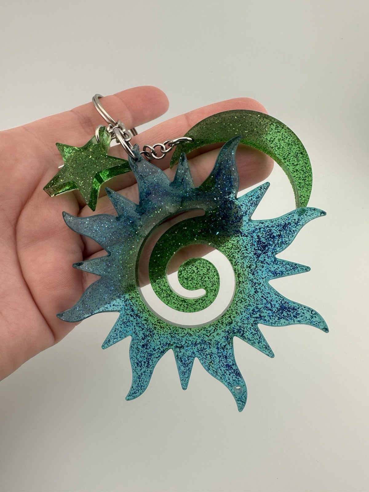 Handmade Blue Green Epoxy Resin Sun Moon Star Keychain Kawaii Bag Charm Gift