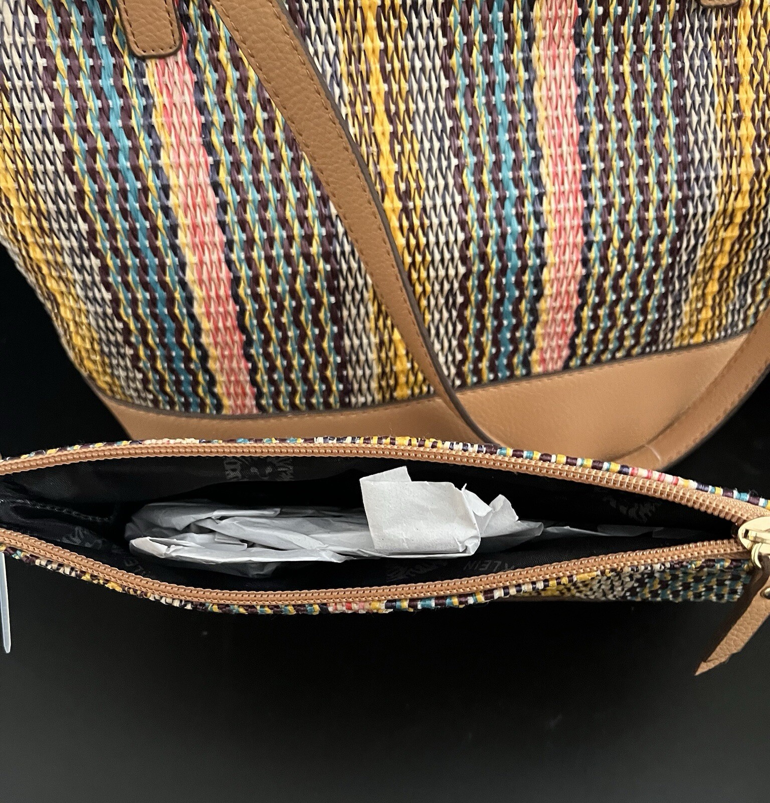 NEW Anne Klein Large Woven Multicolor Camel Curved Tote with Pouch 12.5 x 16 in.