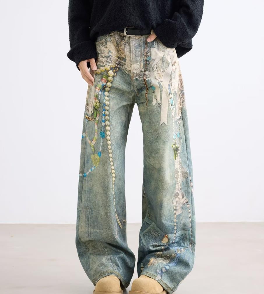 Men’s Retro Blue Denim Straight Leg Printed Jeans Punk Hip Hop Casual Trousers