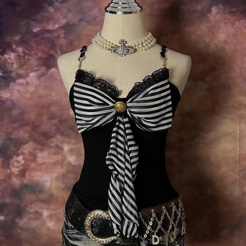 Plus-size Y2K camisole featuring a striped design and lace paneling.