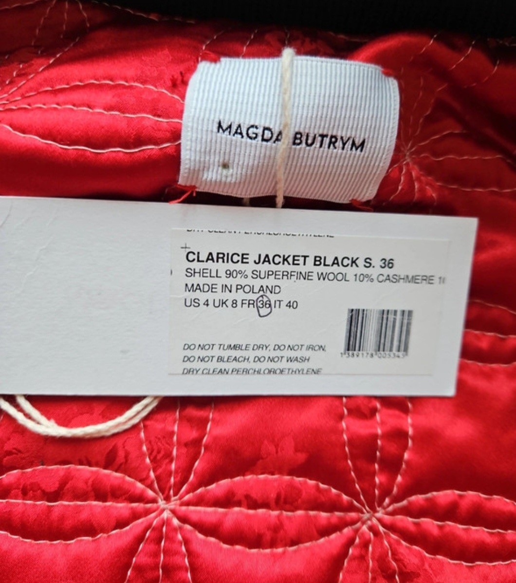 Magda Butrym Clarice Ruched Black Bomber Jacket. 90% Superfine Wool,10% Cashmere