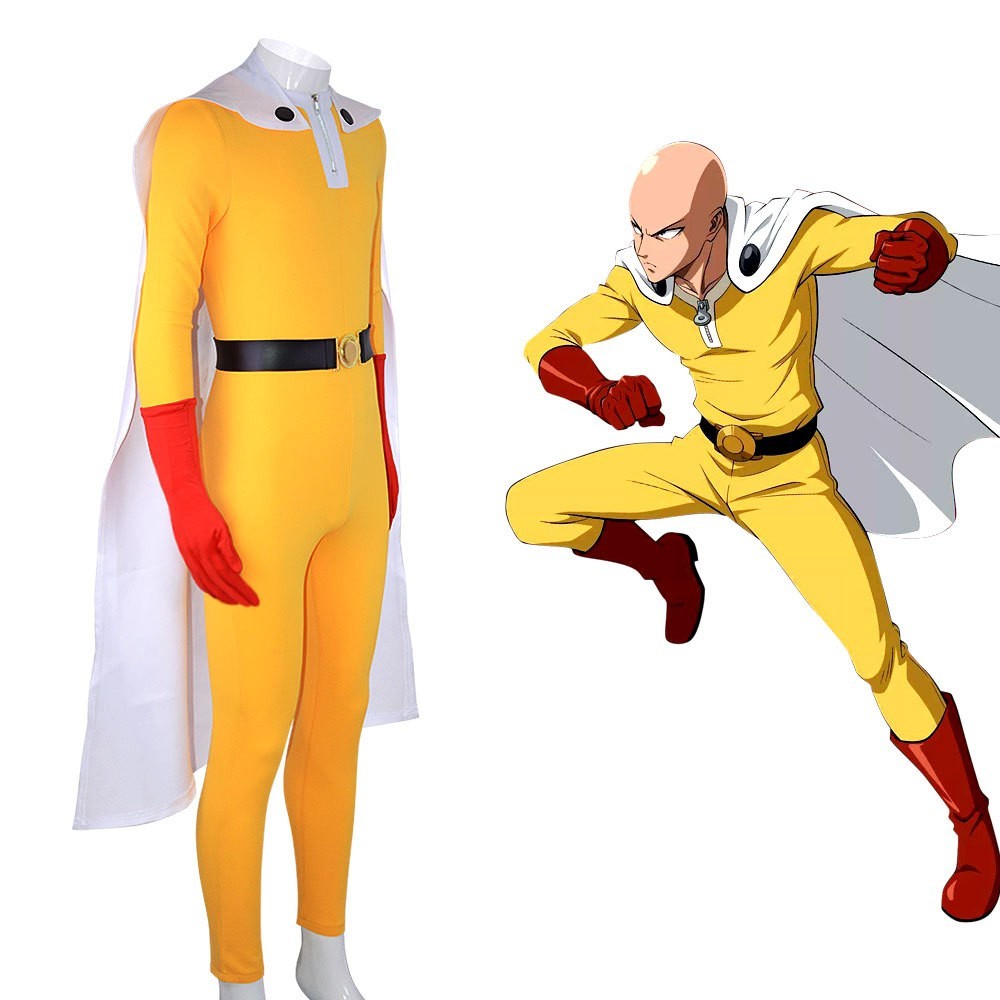 One Punch Man Hero Saitama Cosplay Costume Jumpsuit Cape Belt Gloves 4 Pcs Set