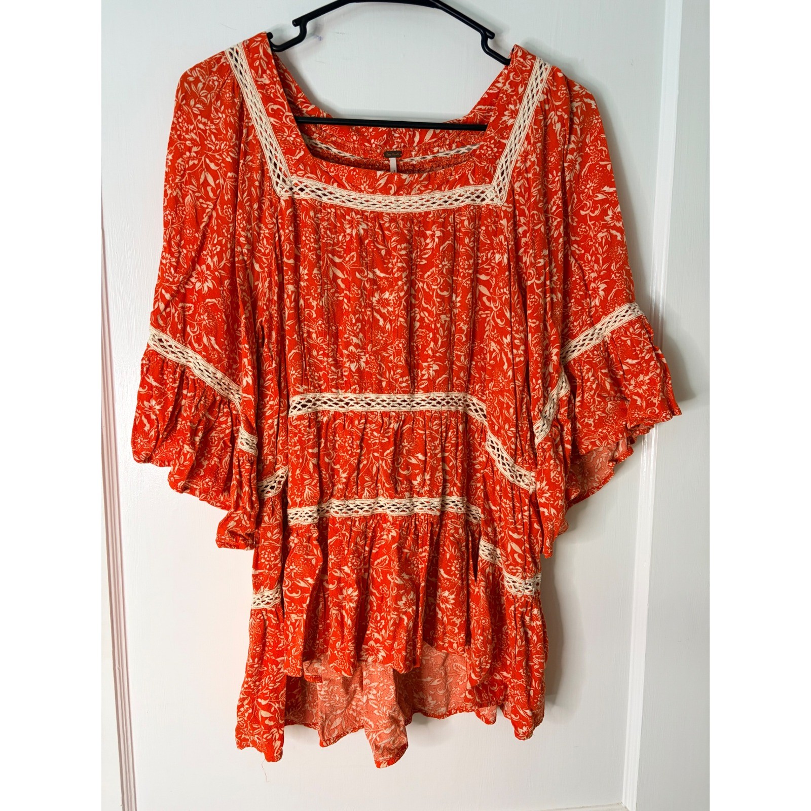 Free People Orange Floral Crochet Lace Trim Tiered Babydoll Tunic Top Womens XS