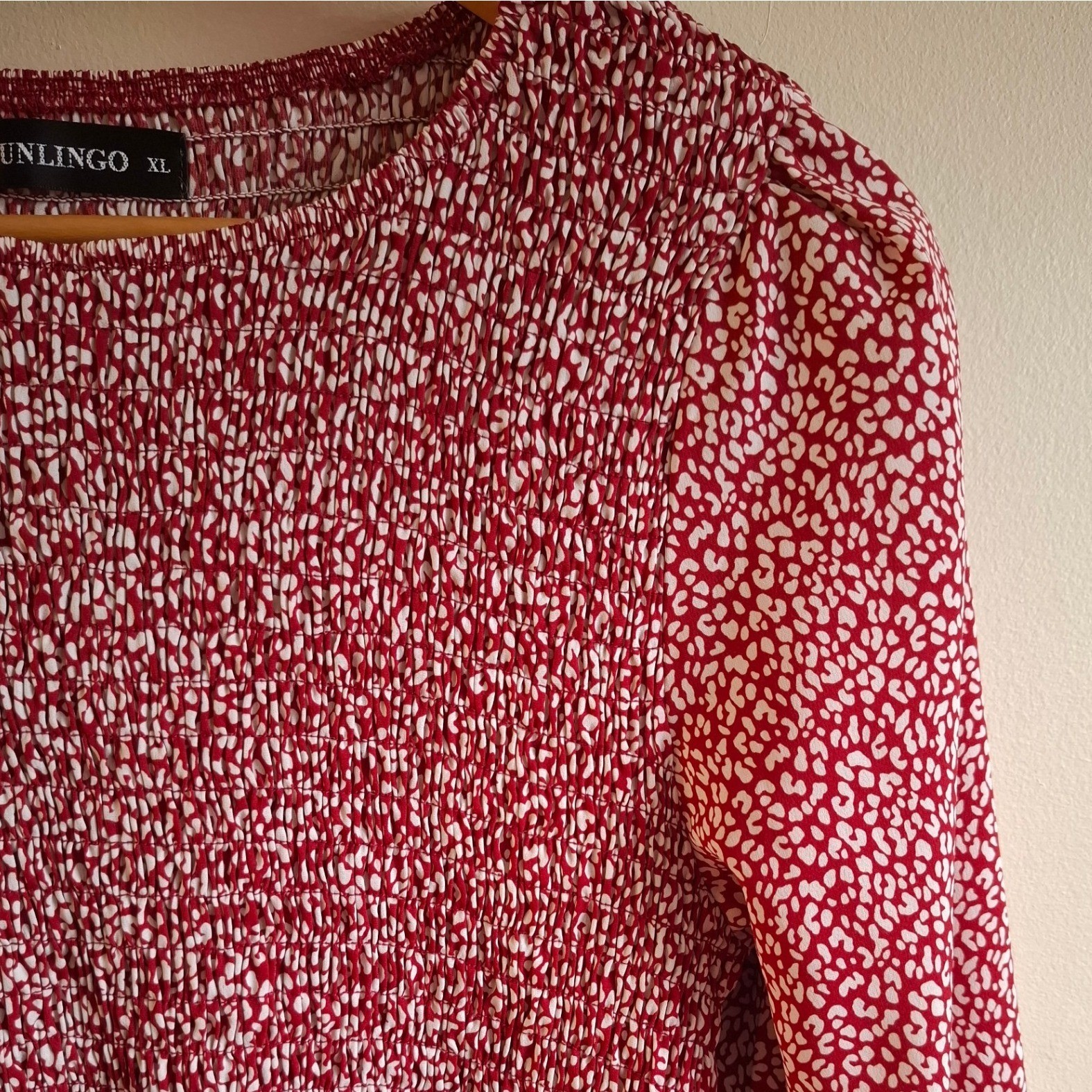 Red Cottagecore Abstract Animal Print Smocked Long Sleeve Maxi Dress Boho Sz XL
