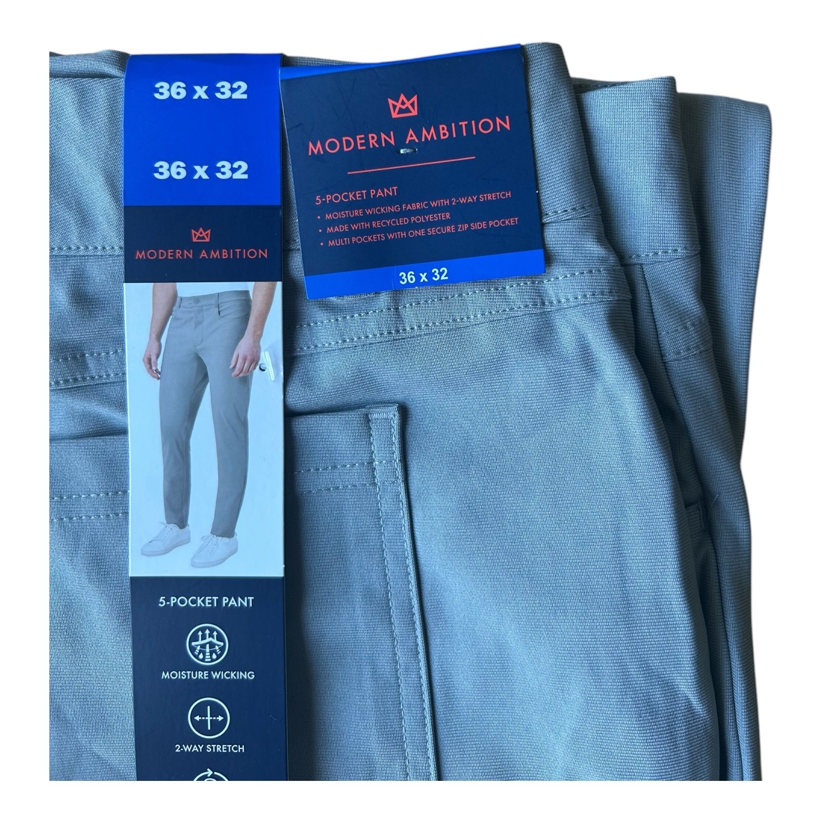 Modern Ambition Men’s 5-Pocket Pant Moisture Wicking Fabric Gray Size 36×32