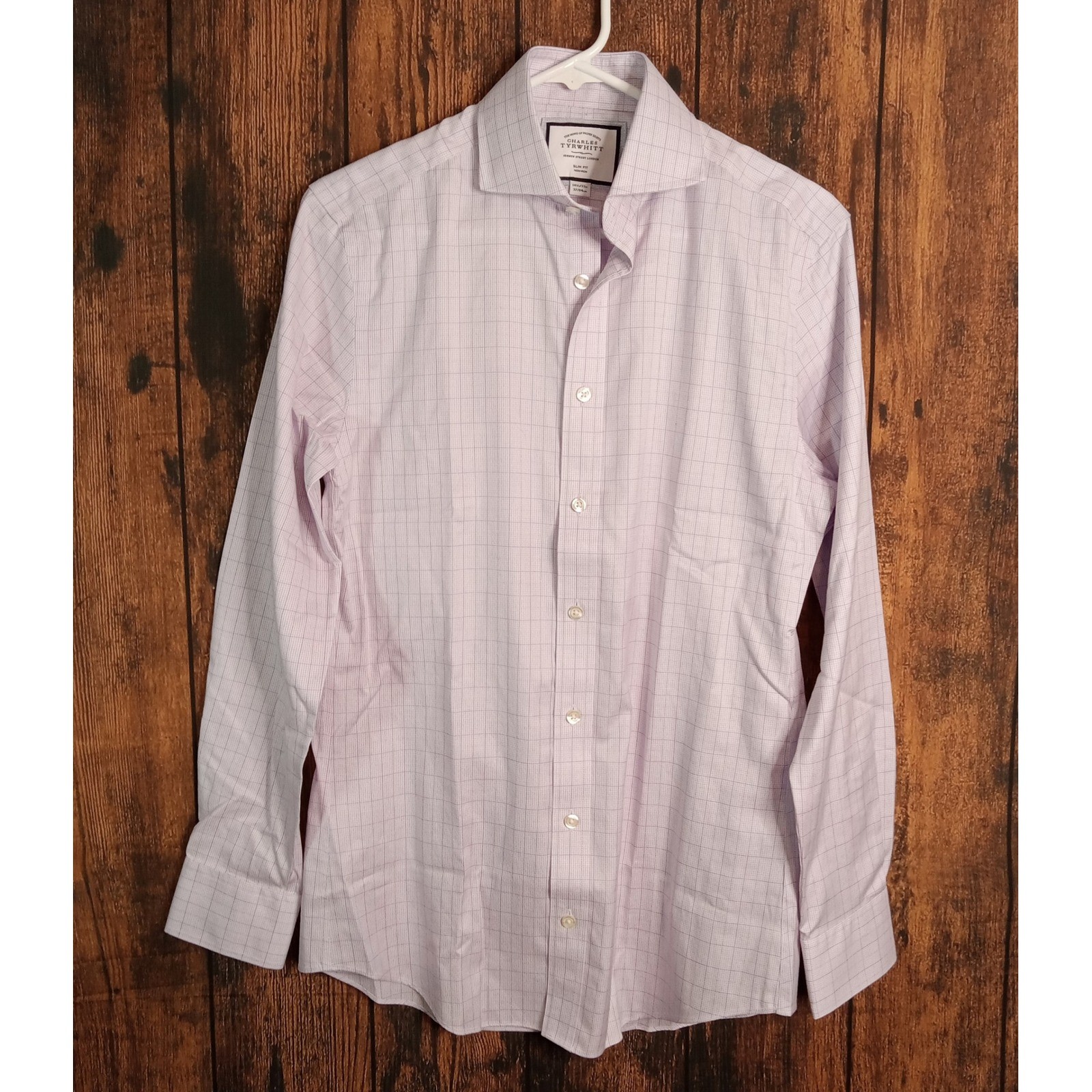 Charles Tyrwhitt Mens Slim Fit Non Iron Dress Shirt Purple White Grid 14.5 33