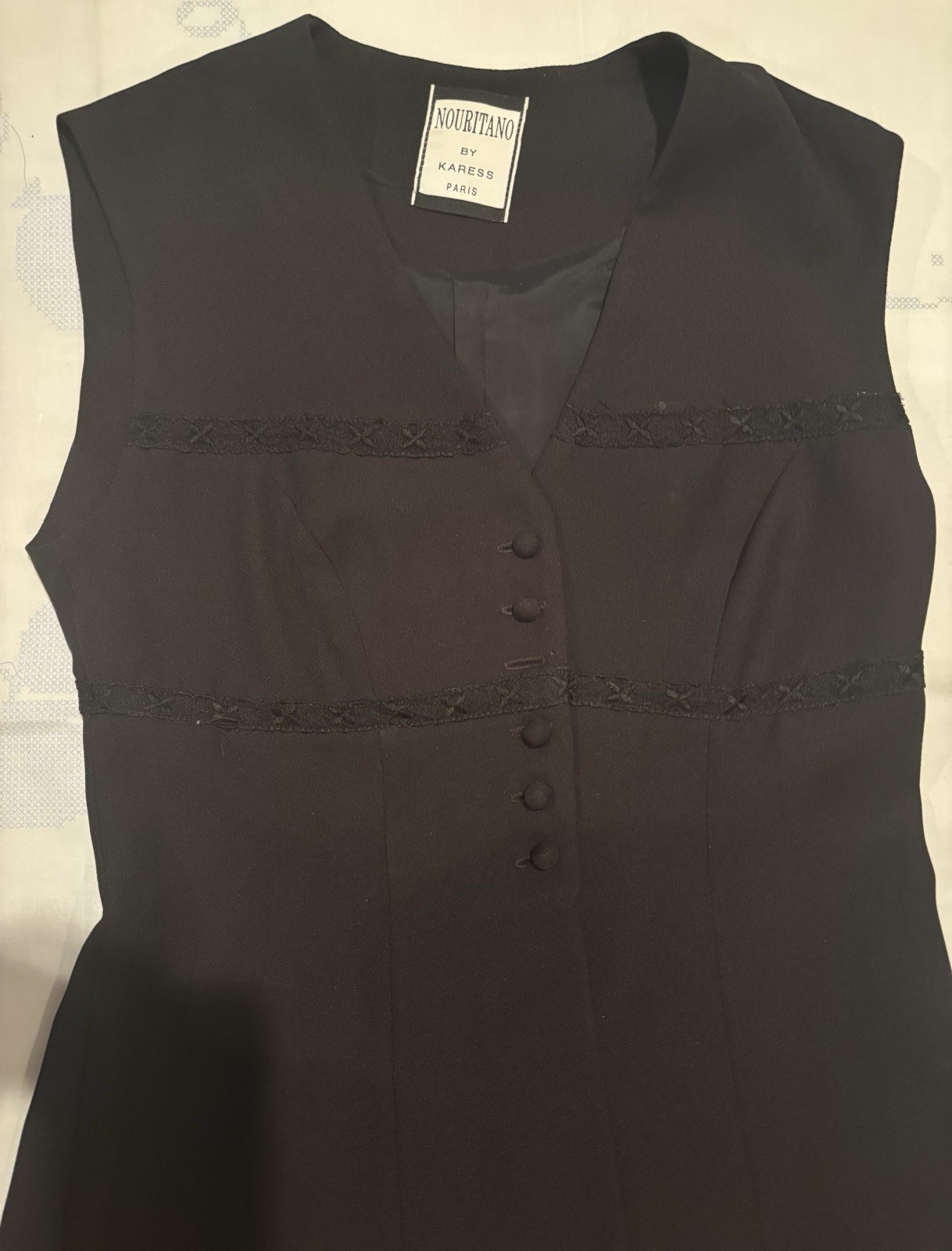 Nouritano By Karess Paris Sleeveless Black Button Up Tunic Lace Hem Vintage