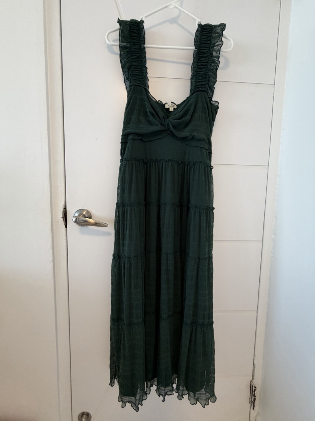 Max Studio Women’s Textured Mesh Cottagecore ruffle maxi BOHO Green Tiered lined