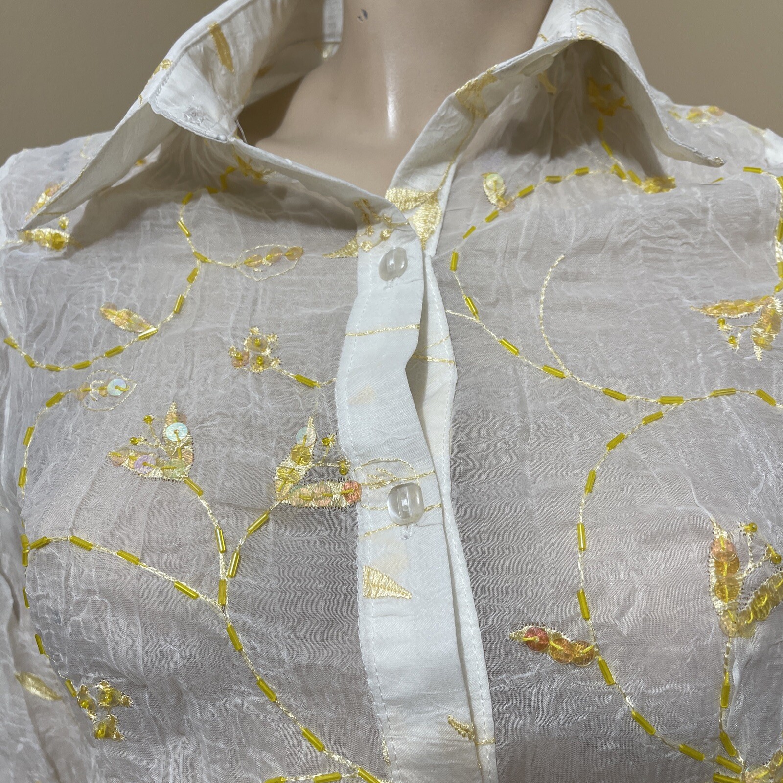 Women’s Ivory Polyester Sheer Yellow Embroidering Beaded Size L Button Up Top