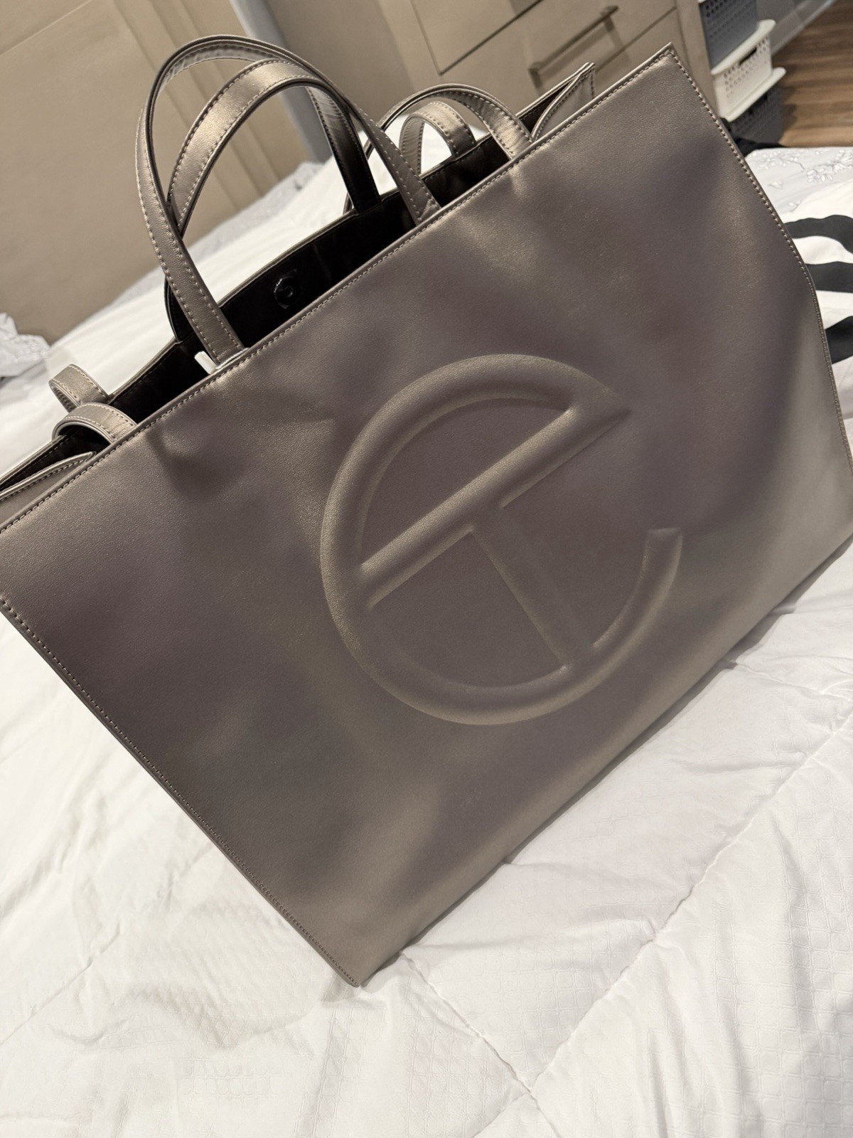 Telfar Gray Logo Embossed Tote w/ Magnetic Closure Double Handles Hang Tag