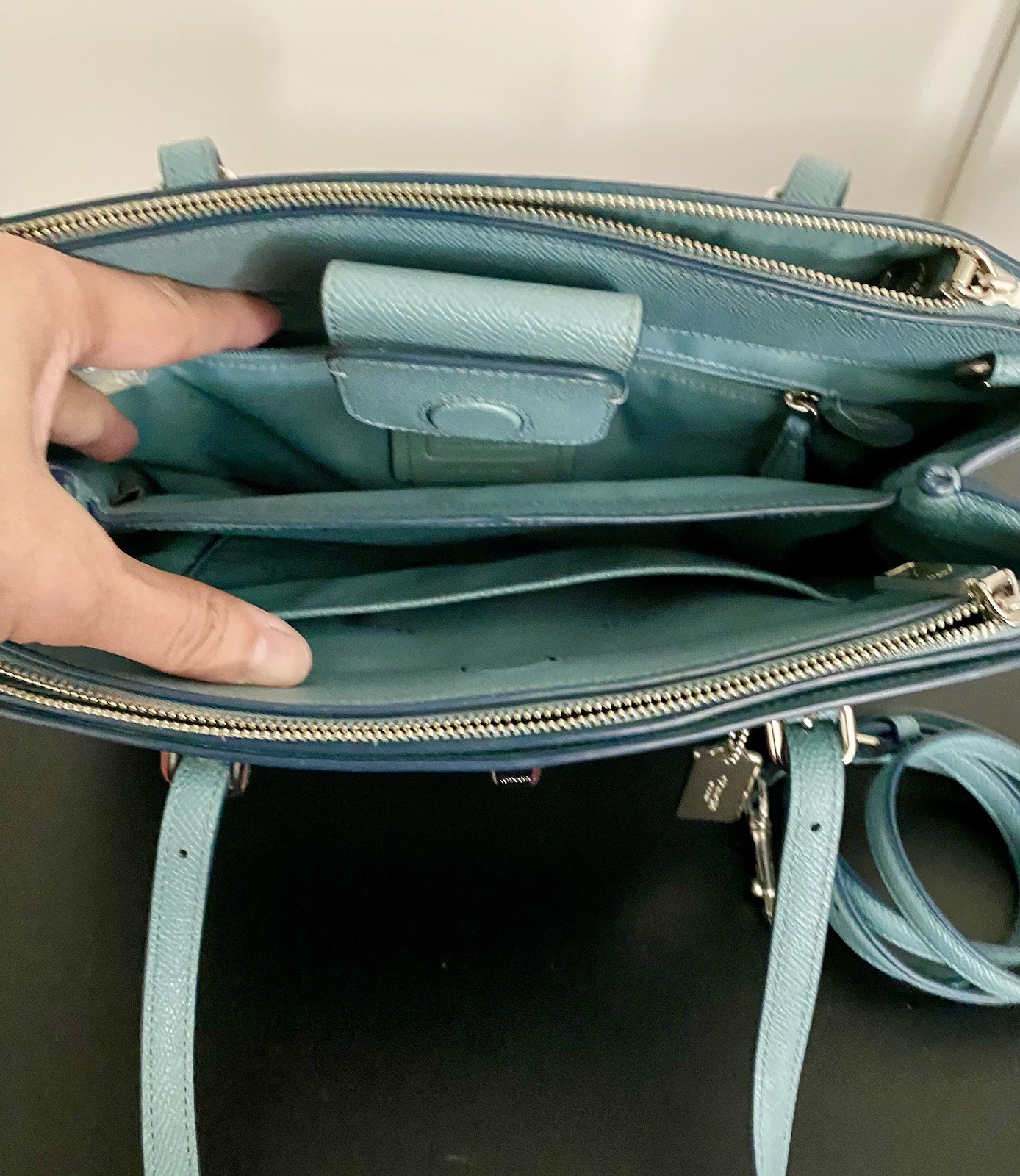 Coach Blue Pebbled Satchel Handle w/ Detachable Strap, Zip Turn Lock Carryall 29