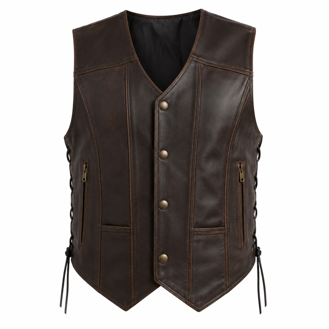 Men’s Distressed Brown Leather Biker Vest – Vintage Motorcycle Western Waistcoat