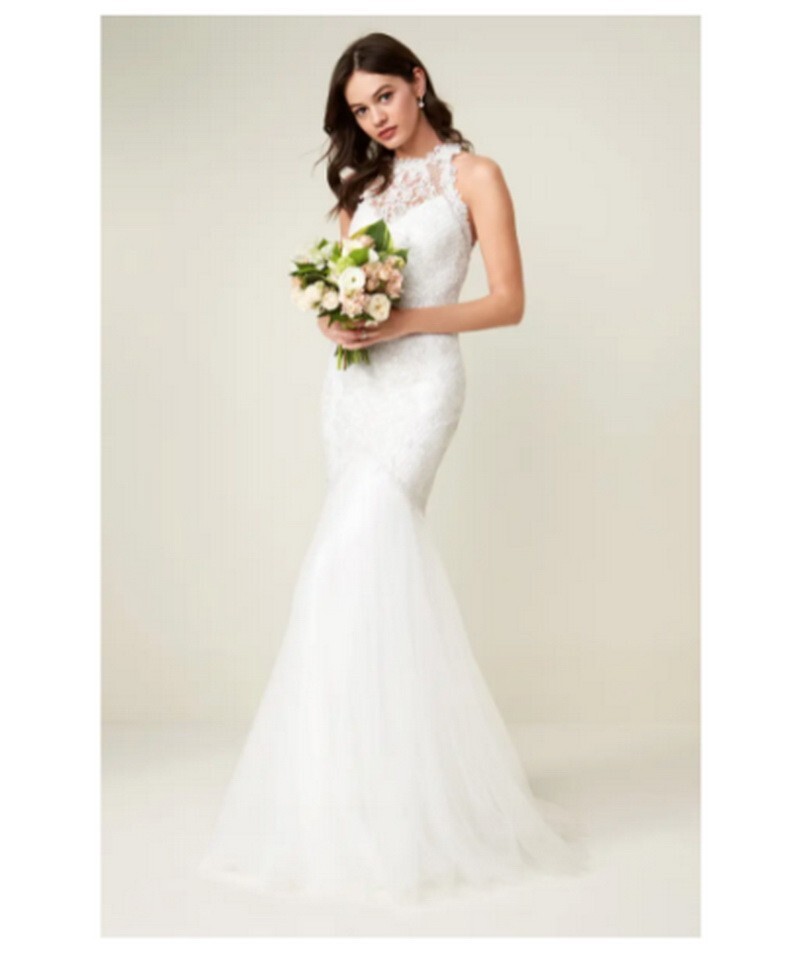 Tadashi Shoji Bridal Janey Lace Halter Mermaid Tulle Ivory Gown Sz 16 $878