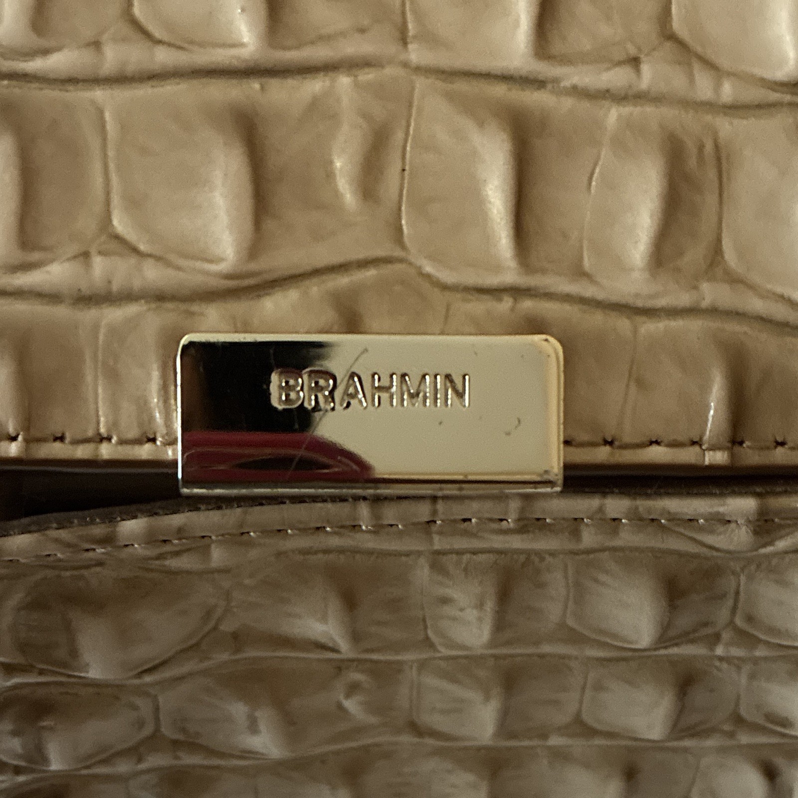 Brahmin Beige Croc-Embossed Backpack Purse Top Handle Buckle Gold Hardware
