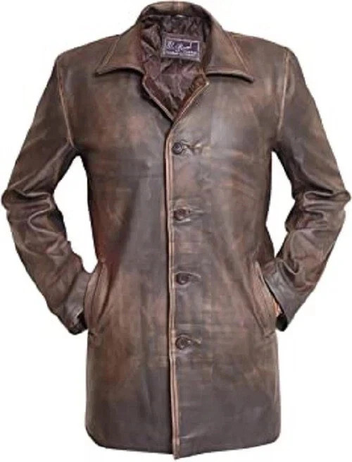 Men Vintage Biker Motorcycle Cowhide Leather Jacket Distressed Brown Long Jacket