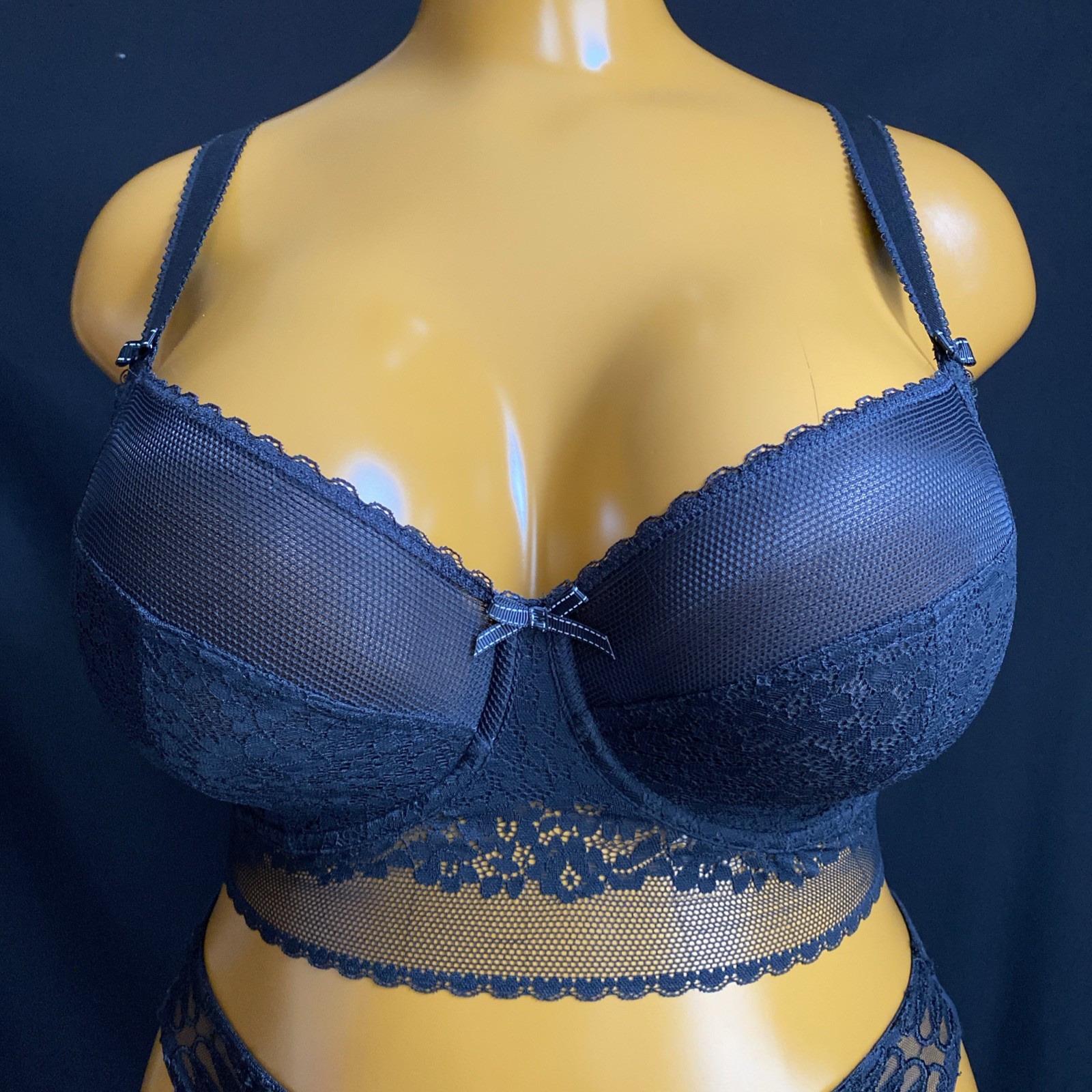 Debenhams Gorgeous Underwired Longline Bra, Black Sheer Mesh & Floral Lace, 32G