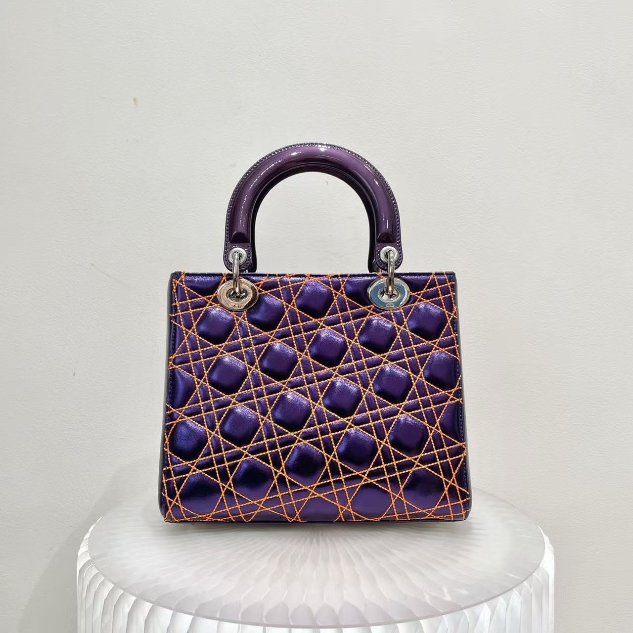 Dior Lady Dior Small Blue Calfskin Orange Stitching Cannage Handle/Crossbody Bag
